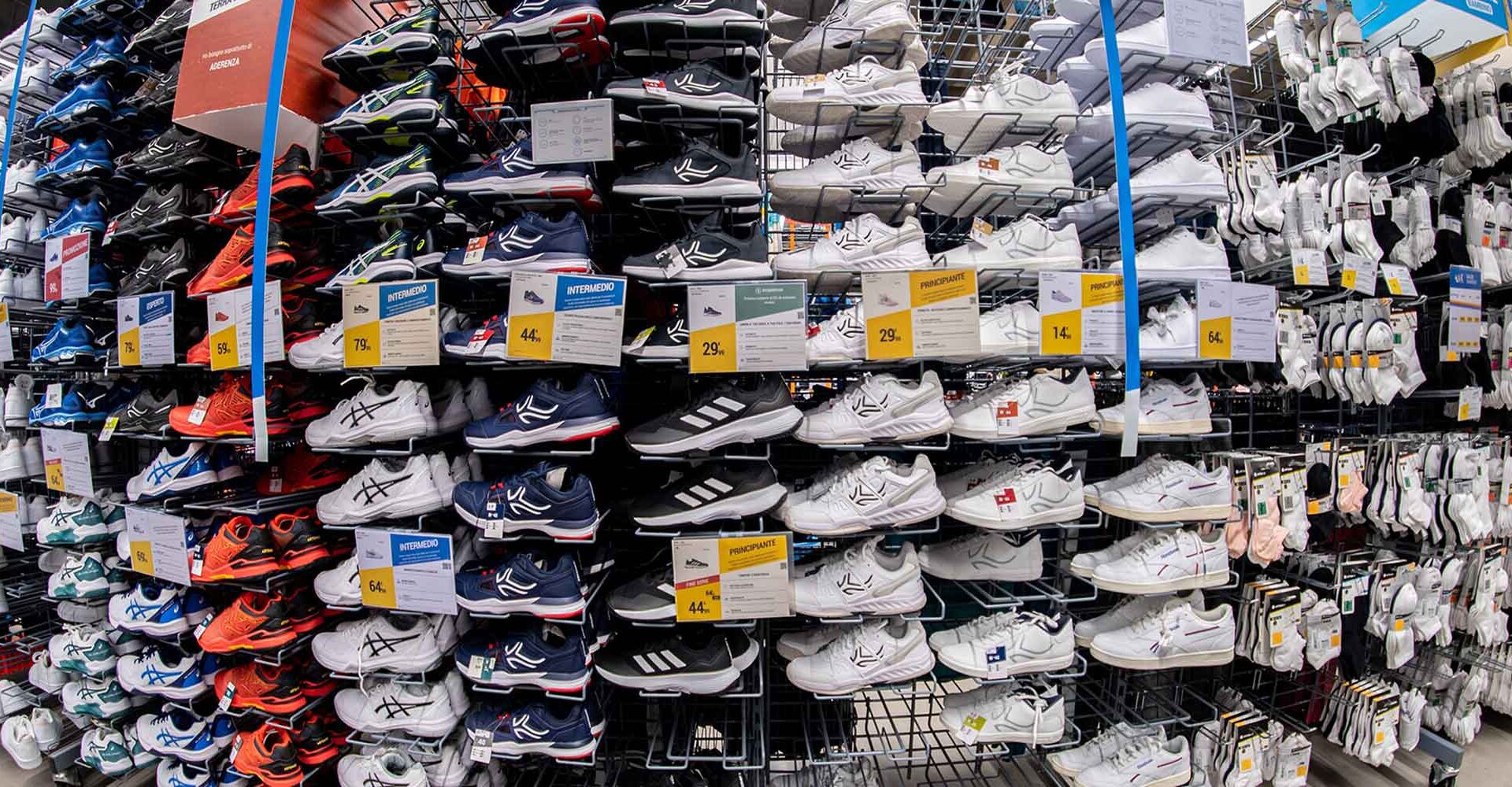 Sporting shoes in a rack