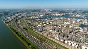 Aerial view of Exxonmobil refinery and Nouryon Polymer Chemicals, Port of Rotterdam